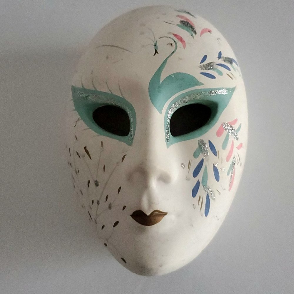 Harlequin Mask Style Trinket Box Hand Painted White Ceramic Mystical Boho